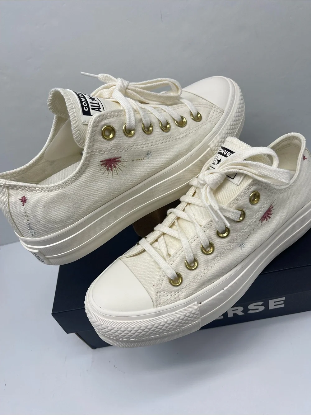Converse STAC LIFT OX Platform Low Top Sneakers in Cream with Embroidered EGRET